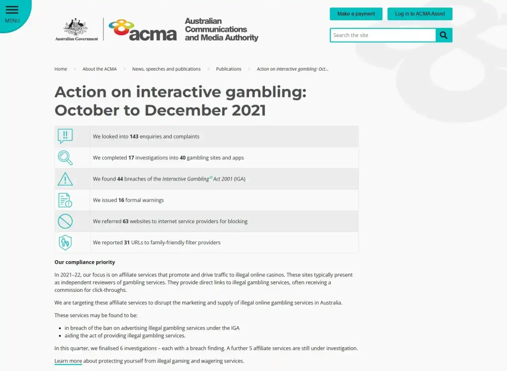 ACMA page showing Australian interactive gambling rules and enforcement information