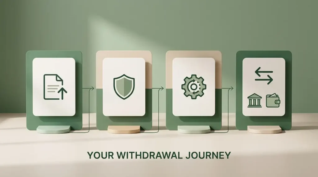 Four-stage casino cashout path from withdrawal request through account checks and processing to payment delivery
