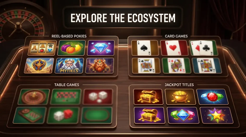 Online casino game library arranged into pokies, card games, table games and jackpot categories