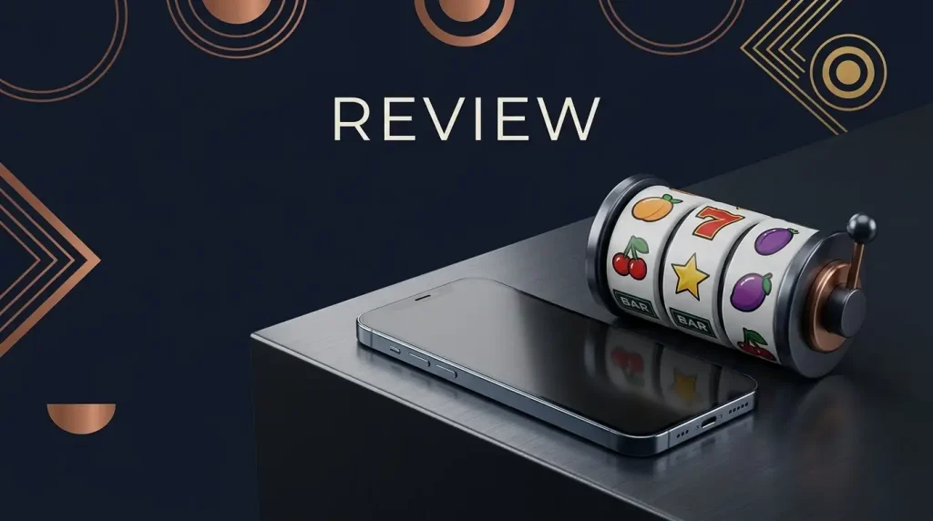 Pokie reels on a phone beside classic casino symbols and Australian-inspired geometric accents