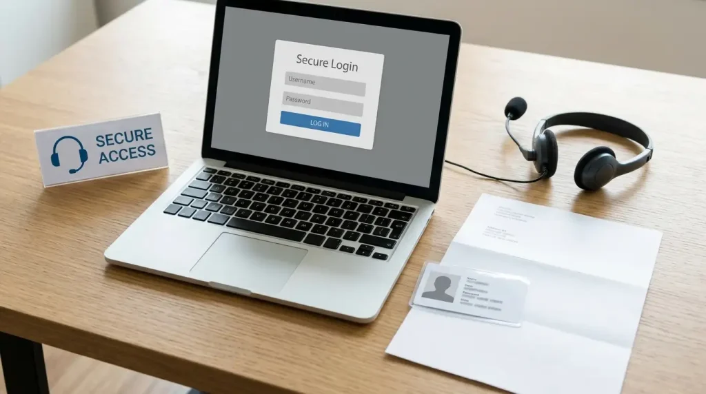 Secure account login screen beside identity documents and a customer support headset