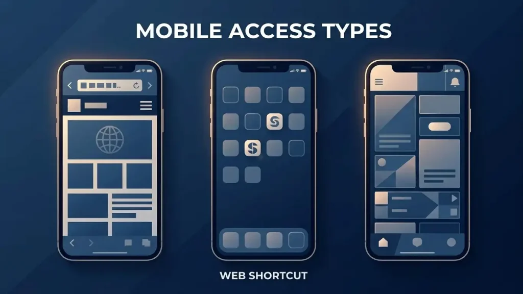 Three smartphones showing a web browser, a home-screen web shortcut and a generic app tile